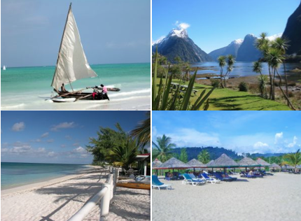 Clockwise from top left: Zanzibar, Milford Sound, Turks and Caicos, Langkawi