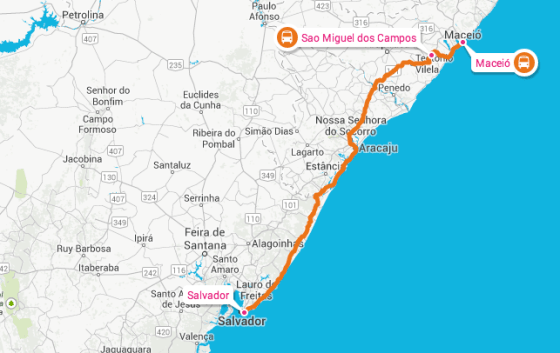 Our 6 hour bus ride from Macéio to Salvador. Map credit: map credit Rome2Rio