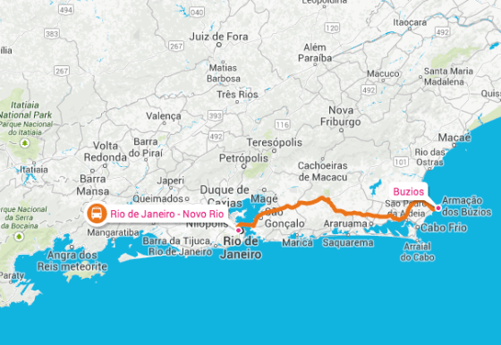 Bus from Rio to Búzios: map credit Rome2Rio